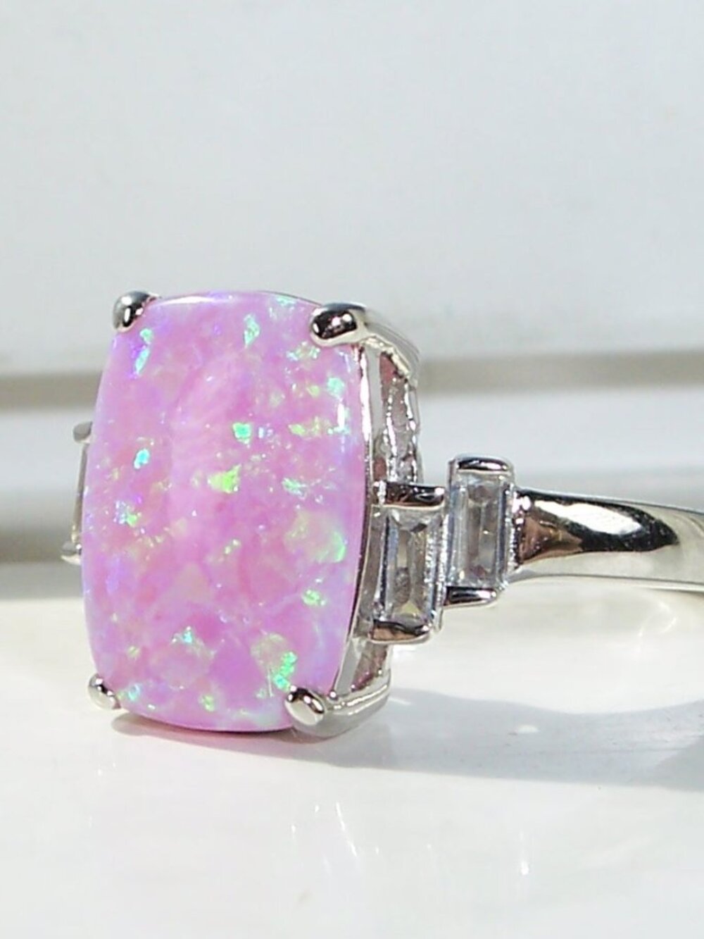 925 STERLING SILVER Lab Created Pink Fire Opal Cubic Zirconia Ring - Picture 2 of 16